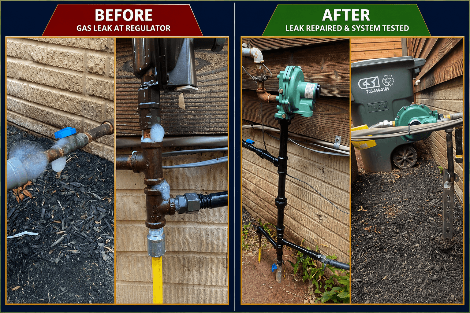 Gas leak detection and completed fitting repairs shown together